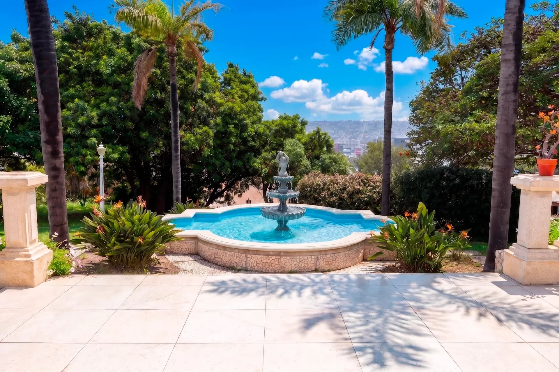 Fountain and outdoor terrace at Recovery House Tijuana